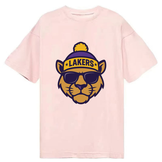 LA Mountain Lion wearing Lakers purple and gold beanie with championship stars - Classic T-shirt - Pink
