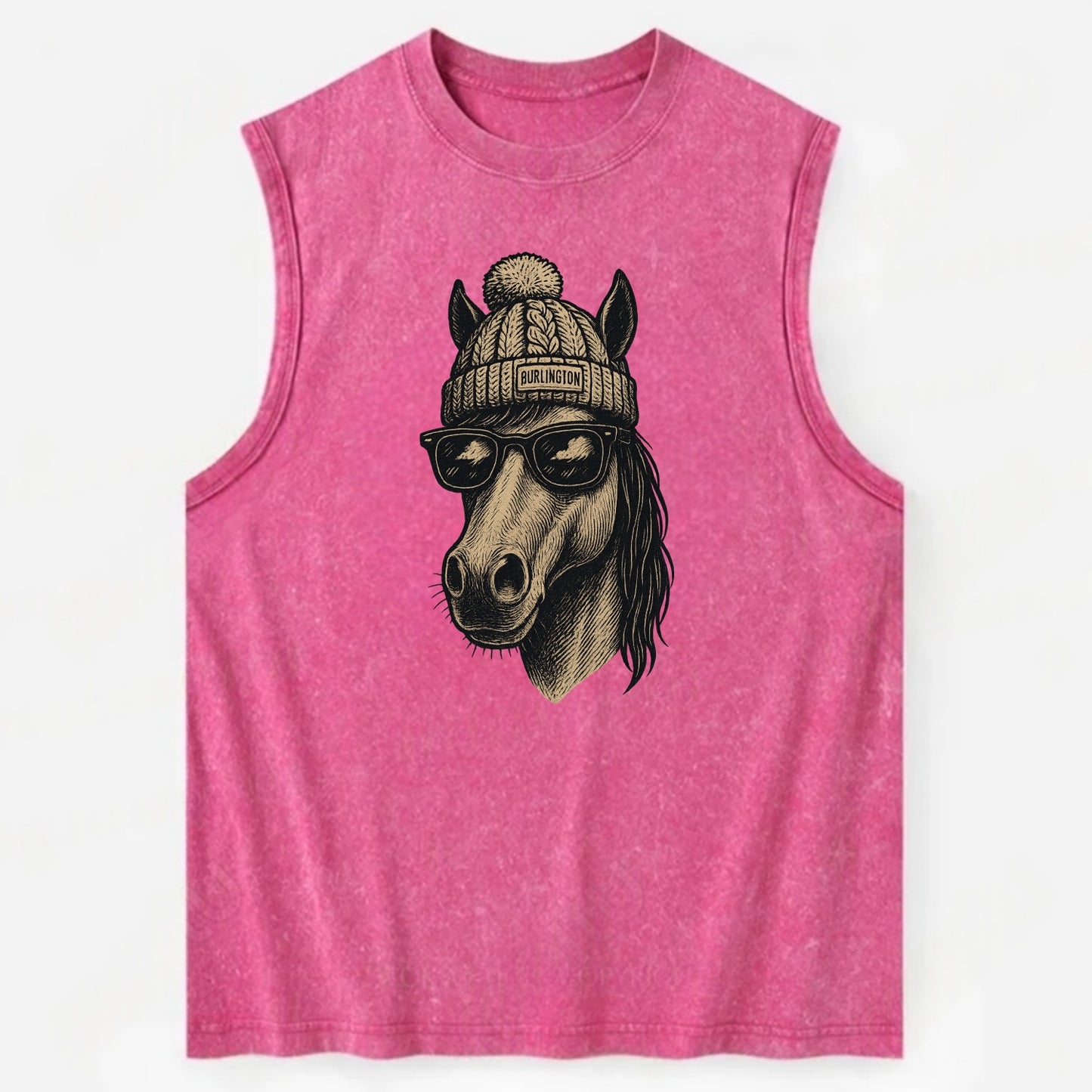 Vermont Morgan Horse wearing Burlington beanie with pom pom and wayfarer - Vintage Washed Tank - Pink