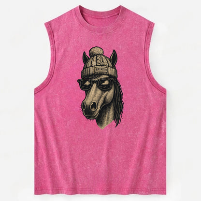 Vermont Morgan Horse wearing Burlington beanie with pom pom and wayfarer - Vintage Washed Tank - Pink