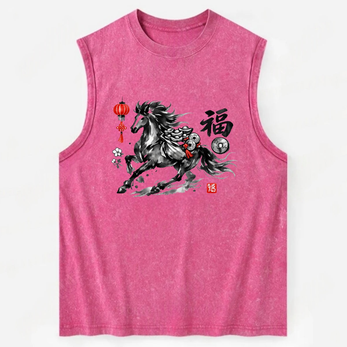 PROSPERITY HORSE | Horse carrying gold ingots and coins | Chinese knot - Vintage Washed Tank - Pink