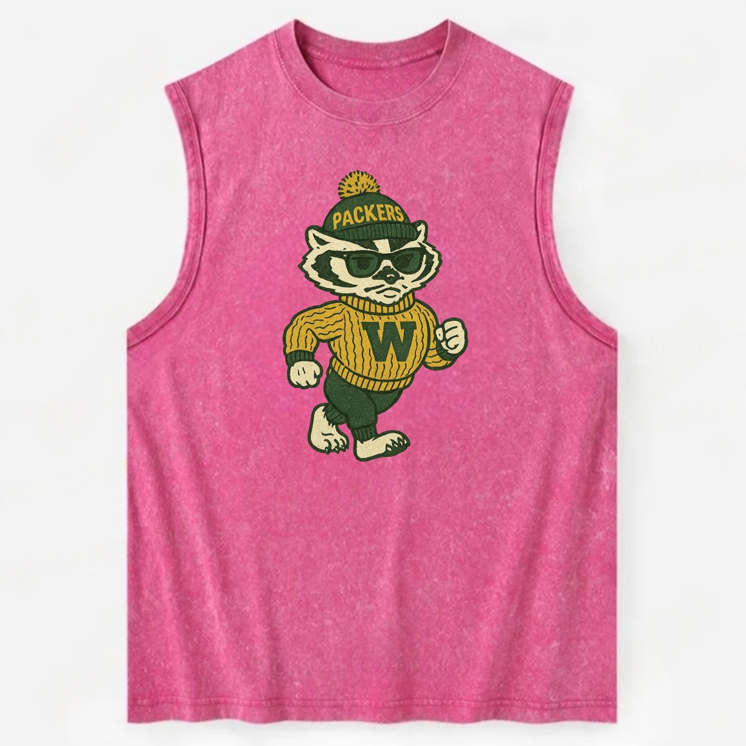 Wisconsin Badger wearing Packers green and gold beanie with pom pom and - Vintage Washed Tank - Pink