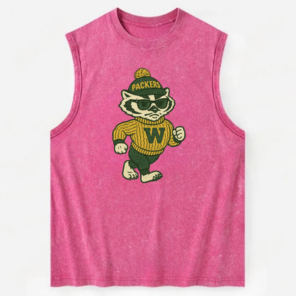 Wisconsin Badger wearing Packers green and gold beanie with pom pom and - Vintage Washed Tank - Pink