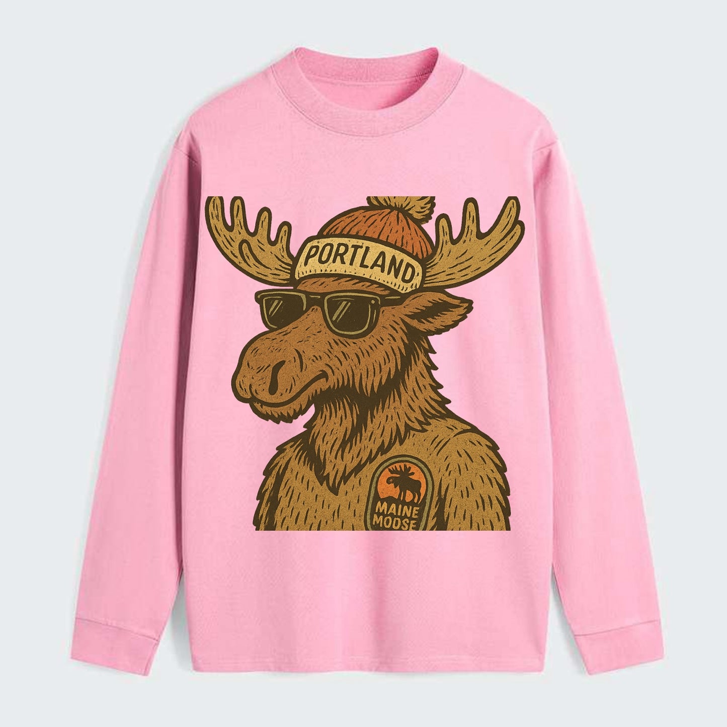 Maine Moose wearing Portland beanie with pom pom and wayfarer sunglasses - Classic Long Sleeve Shirt - Pink