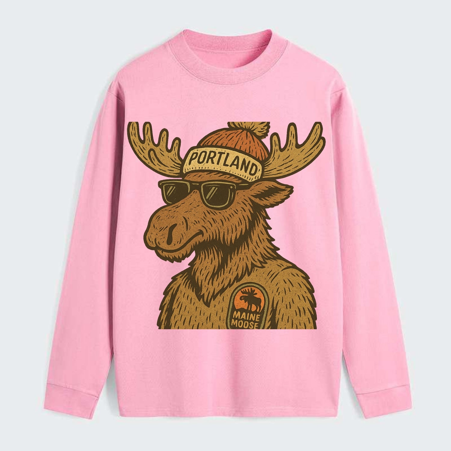 Maine Moose wearing Portland beanie with pom pom and wayfarer sunglasses - Classic Long Sleeve Shirt - Pink