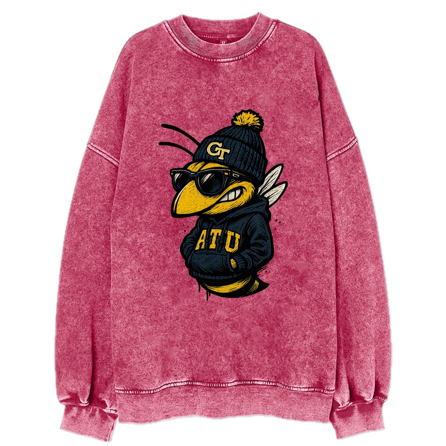 Atlanta Yellow Jacket wearing Georgia Tech beanie with GT patch - Vintage Sweatshirt - Pink