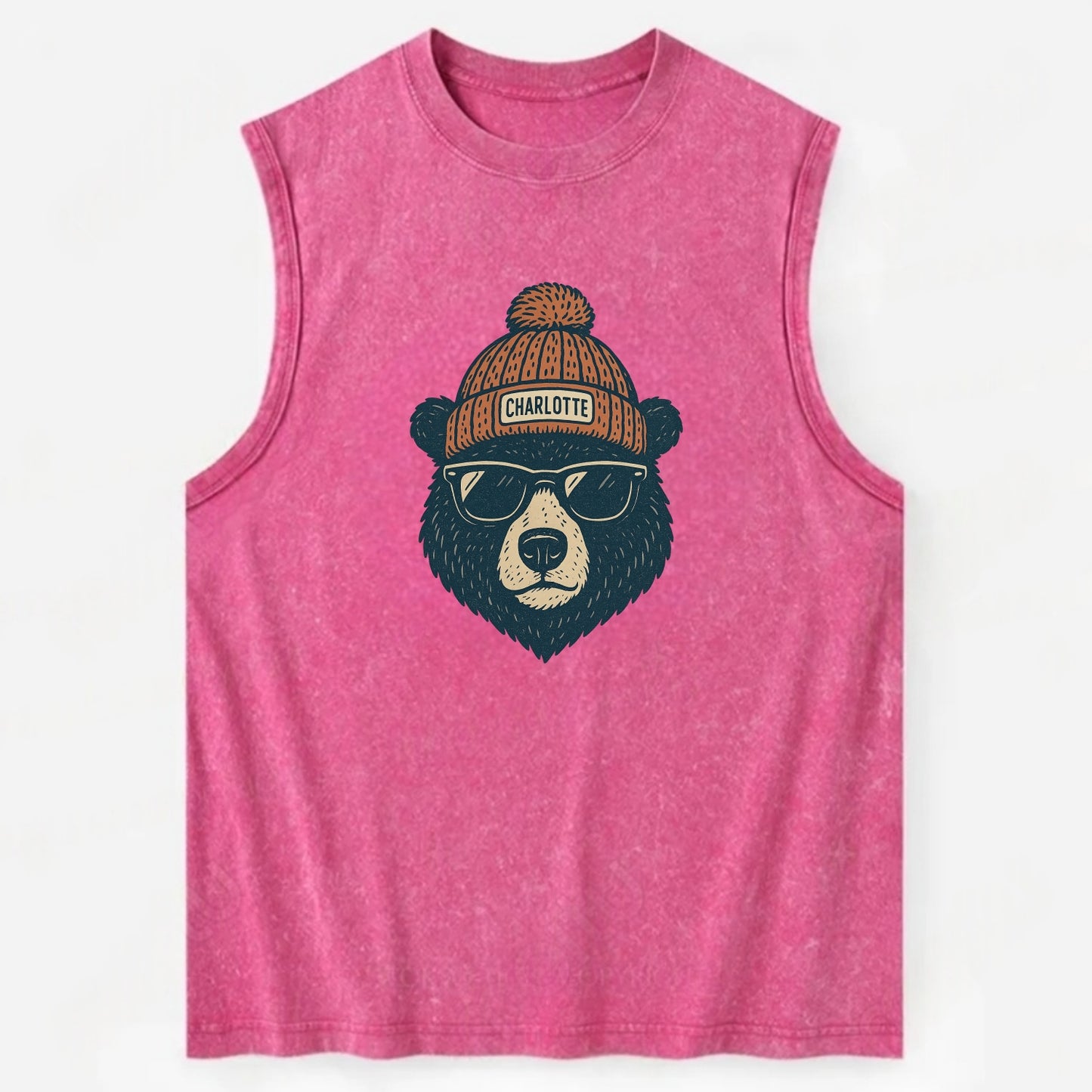 North Carolina Black Bear wearing Charlotte beanie with pom pom and wayfarer - Vintage Washed Tank - Pink