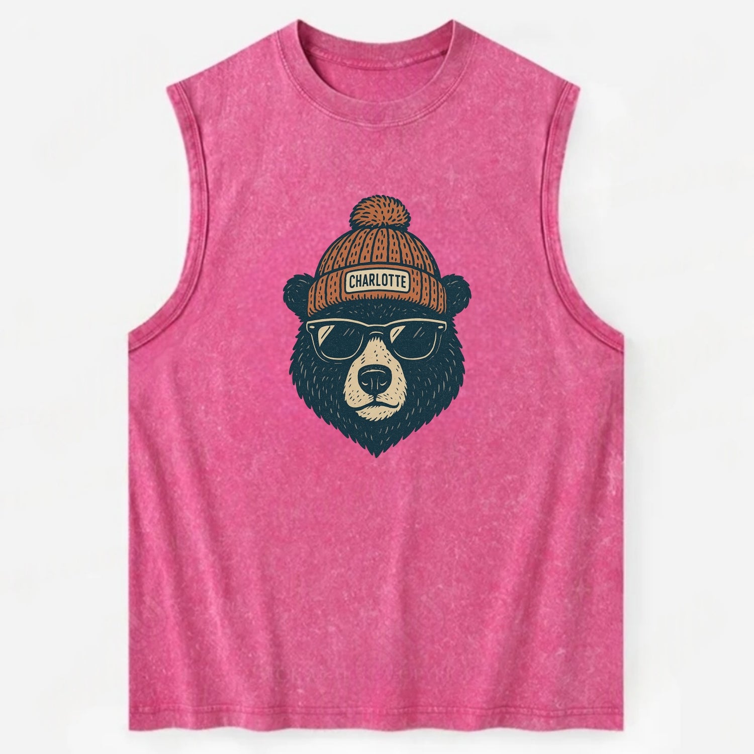 North Carolina Black Bear wearing Charlotte beanie with pom pom and wayfarer - Vintage Washed Tank - Pink
