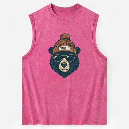 North Carolina Black Bear wearing Charlotte beanie with pom pom and wayfarer - Vintage Washed Tank - Pink