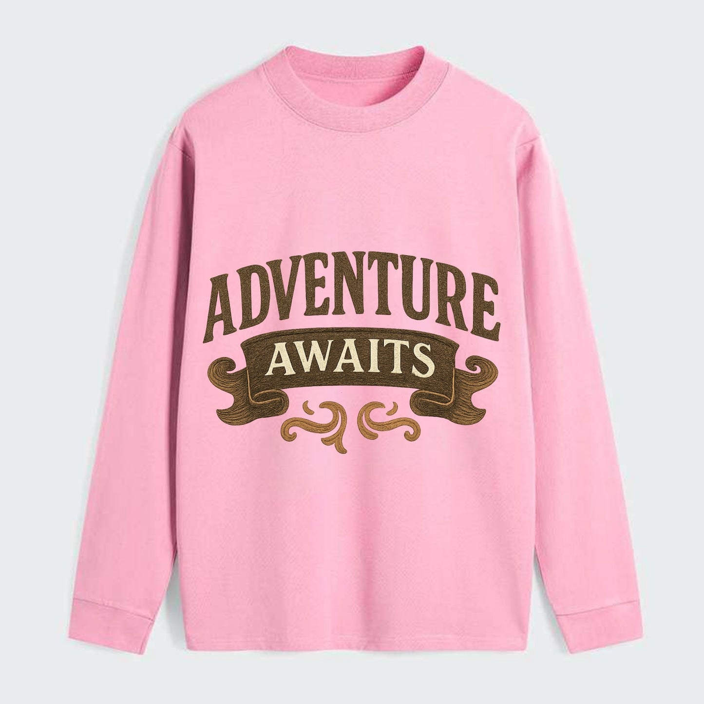 Bold typography design - "ADVENTURE AWAITS" - excitement ahead, ready - Classic Long Sleeve Shirt - Pink
