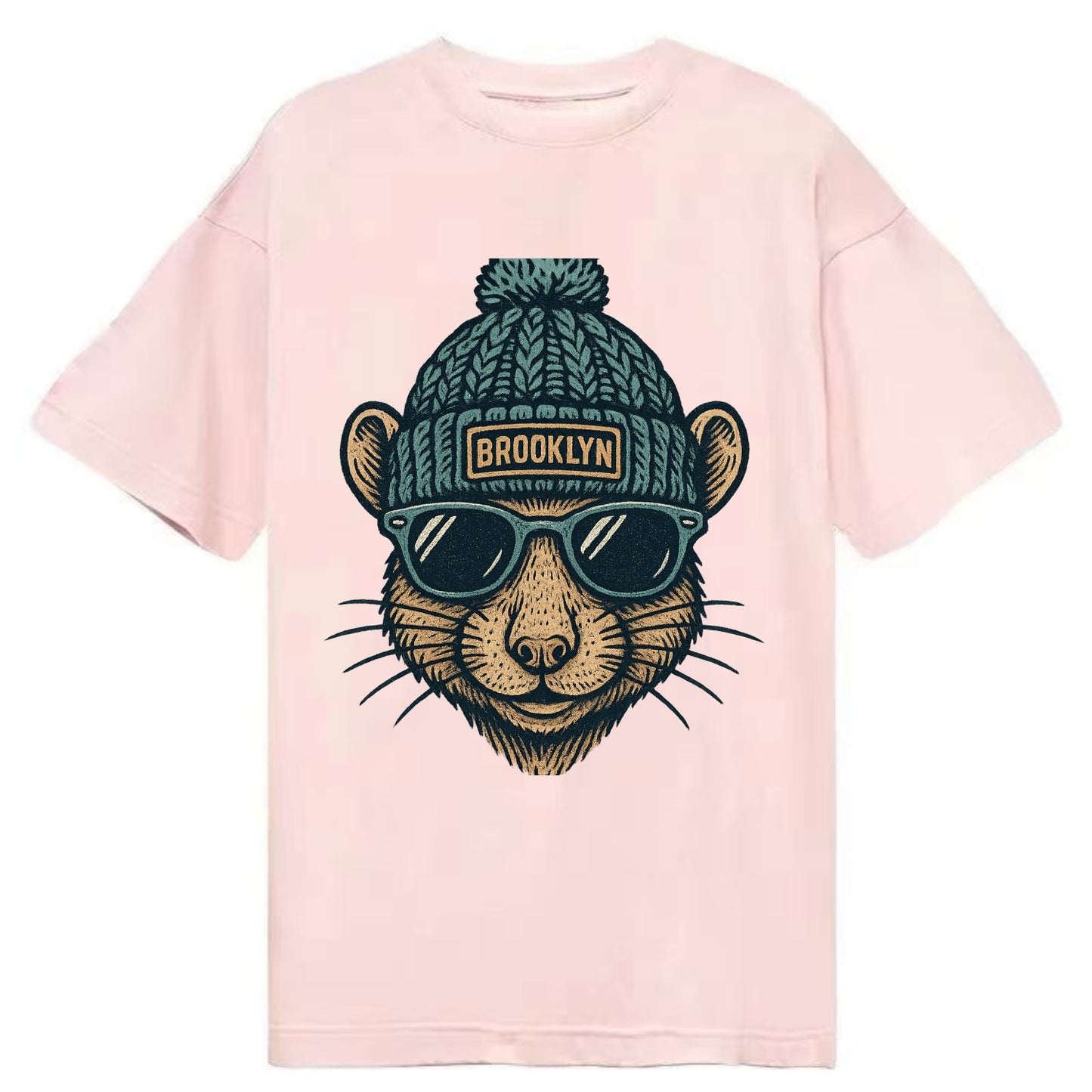 NYC Rat wearing Brooklyn beanie with pom pom and wayfarer sunglasses - Classic T-shirt - Pink