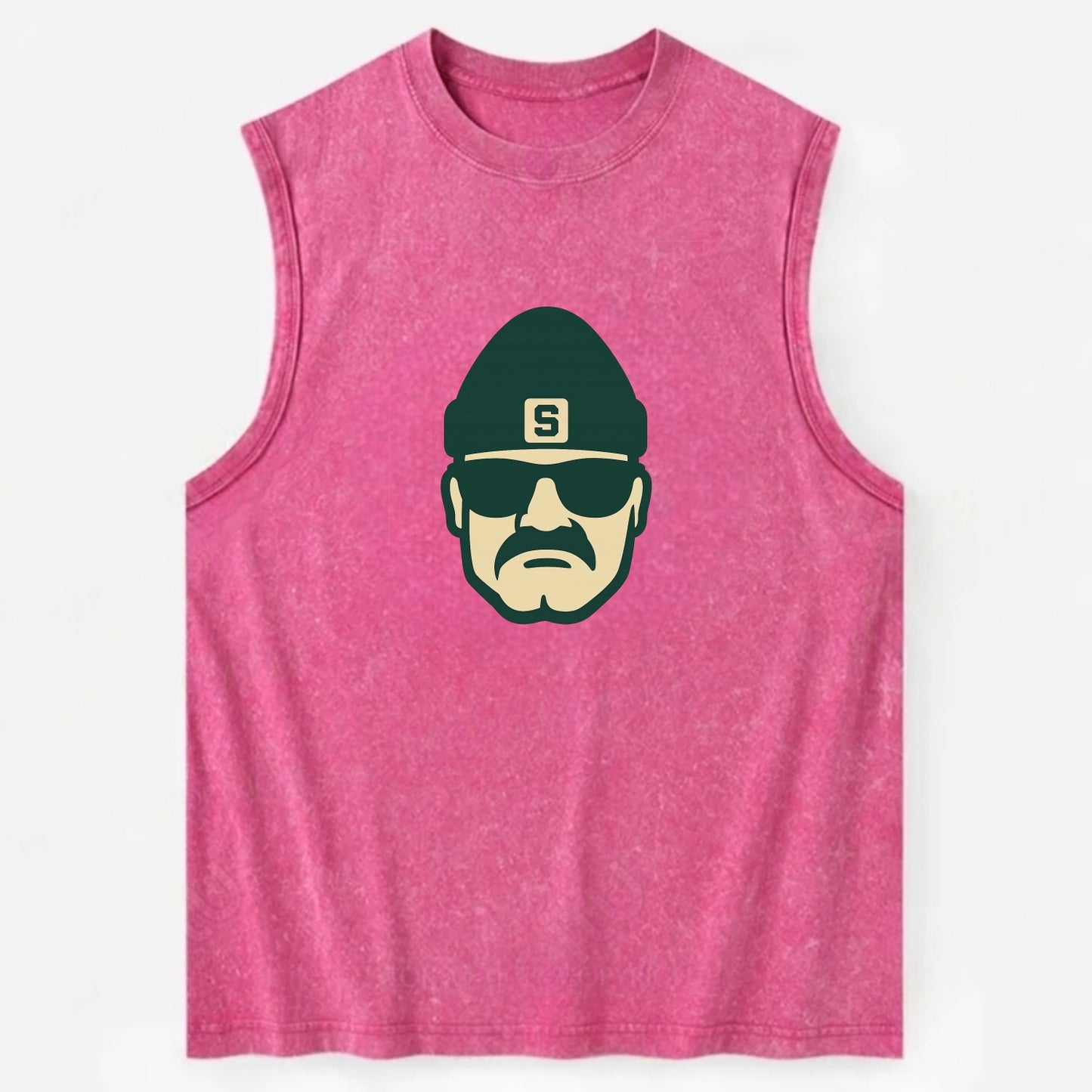 East Lansing Spartan wearing Michigan State beanie with S patch - Vintage Washed Tank - Pink