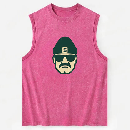 East Lansing Spartan wearing Michigan State beanie with S patch - Vintage Washed Tank - Pink