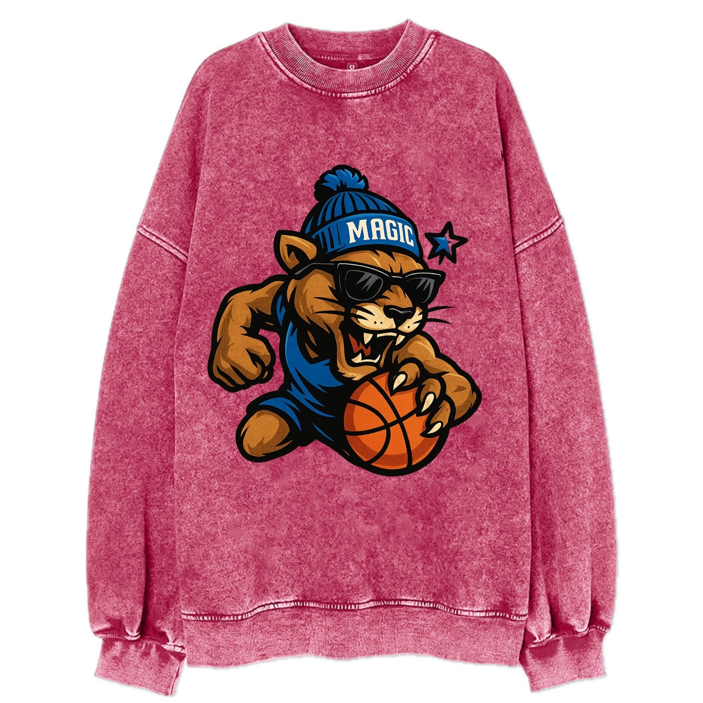 Florida Panther wearing Magic beanie with star wand patch and wayfarer - Vintage Sweatshirt - Pink