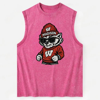 Madison Badger wearing Wisconsin beanie with motion W patch - Vintage Washed Tank - Pink