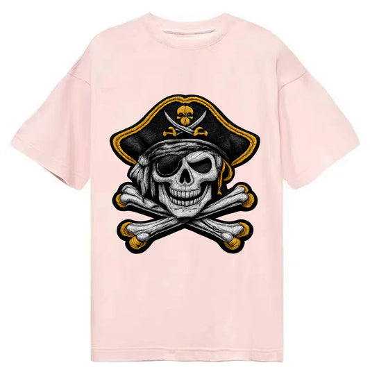 PIRATE SKULL - Jolly Roger skull in black and white , pirate - Classic T-shirt - Pink