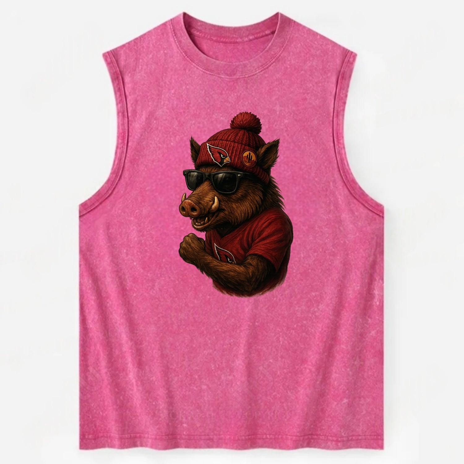 Arizona Javelina wearing Cardinals beanie with desert patch and wayfarer - Vintage Washed Tank - Pink