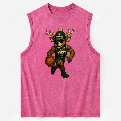 Milwaukee Buck Deer wearing Bucks green and cream beanie with antlers and - Vintage Washed Tank - Pink