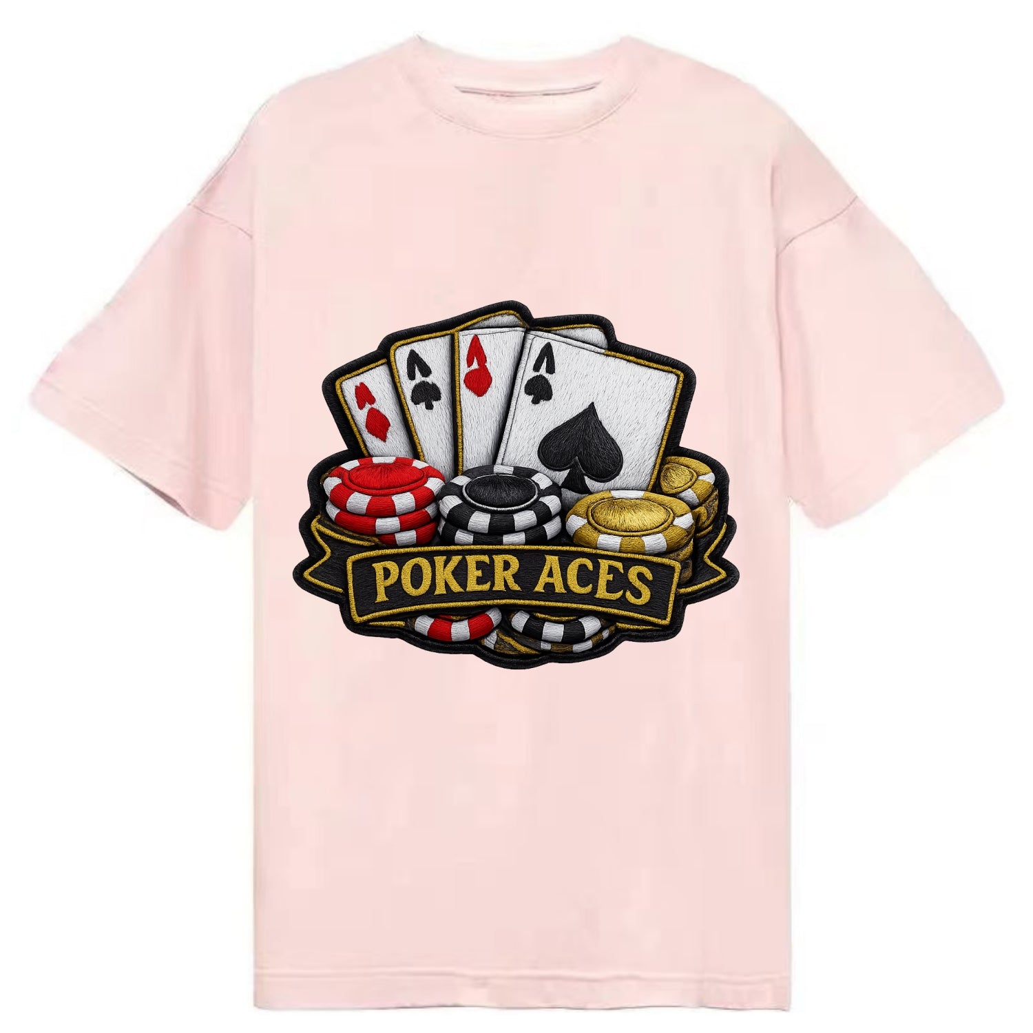 Embroidered patch design - POKER ACES - four aces with chips in red, black and - Classic T-shirt - Pink