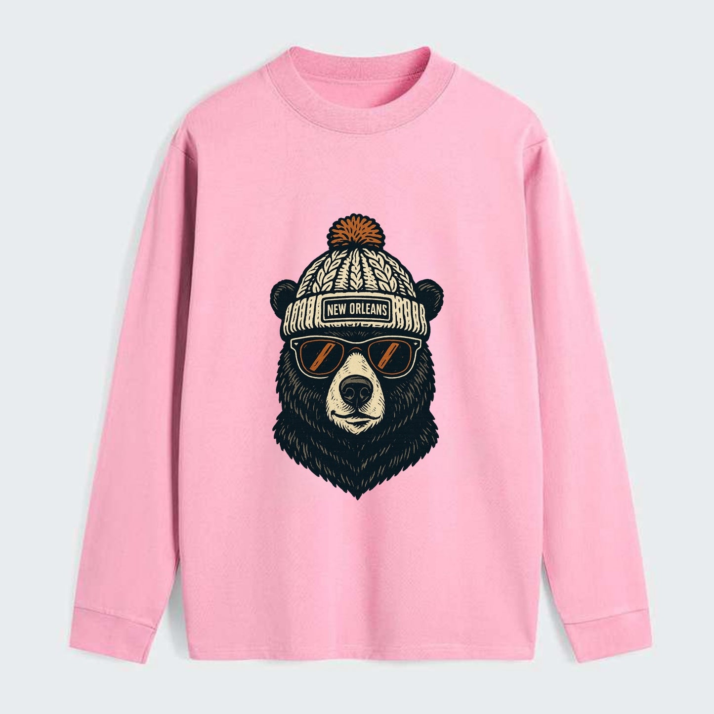 Louisiana Black Bear wearing New Orleans beanie with pom pom and - Classic Long Sleeve Shirt - Pink