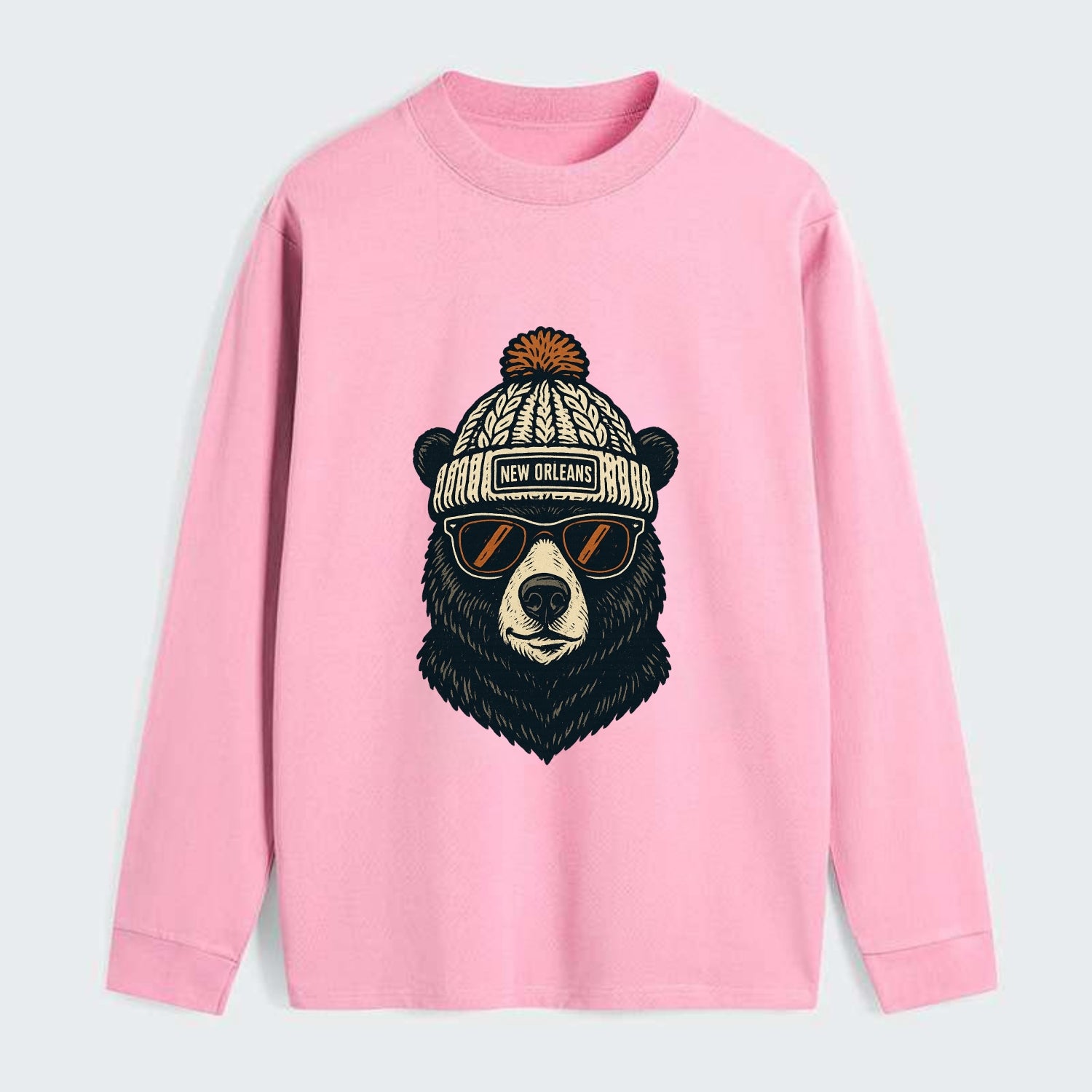 Louisiana Black Bear wearing New Orleans beanie with pom pom and - Classic Long Sleeve Shirt - Pink