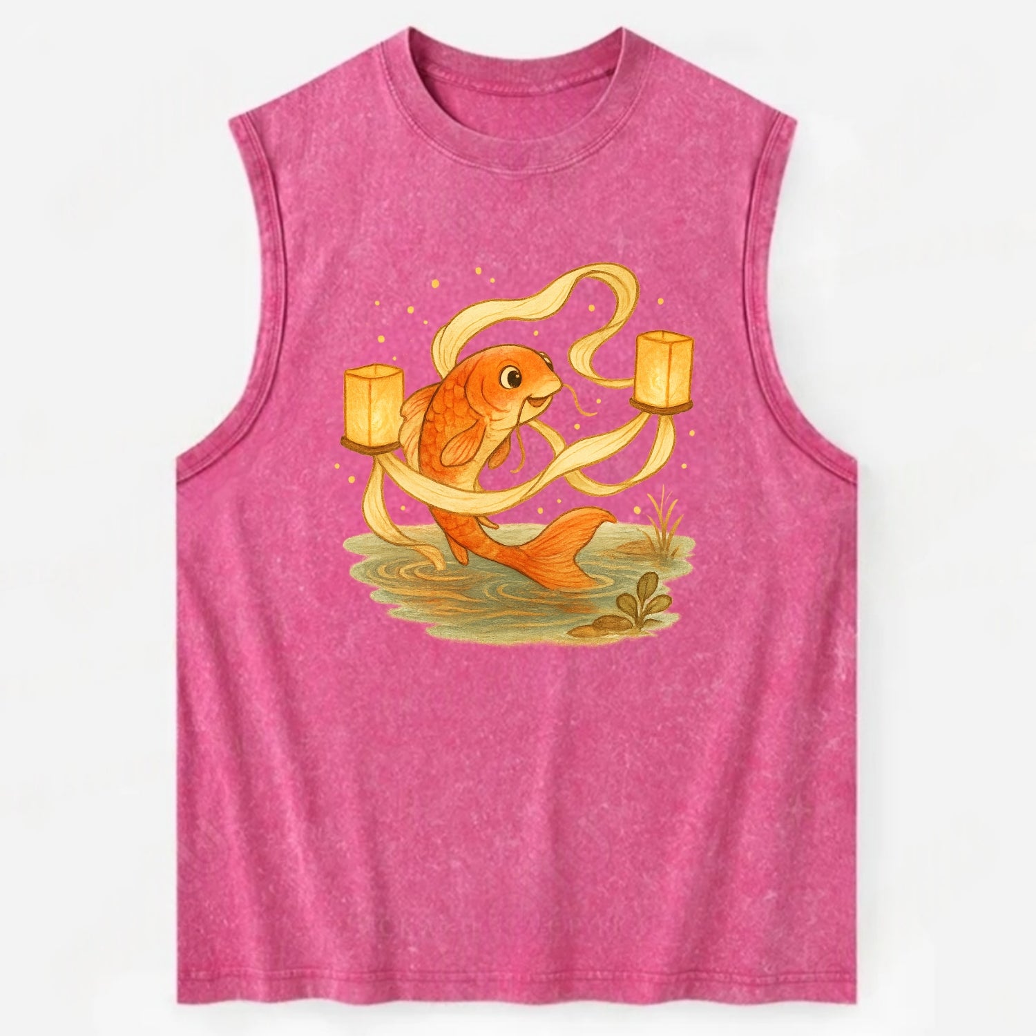 Koi weaving silk streamers through floating lanterns on tranquil water - Vintage Washed Tank - Pink