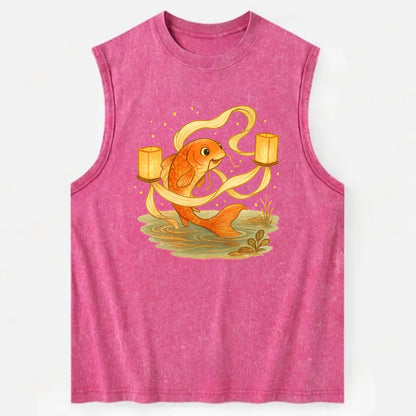 Koi weaving silk streamers through floating lanterns on tranquil water - Vintage Washed Tank - Pink