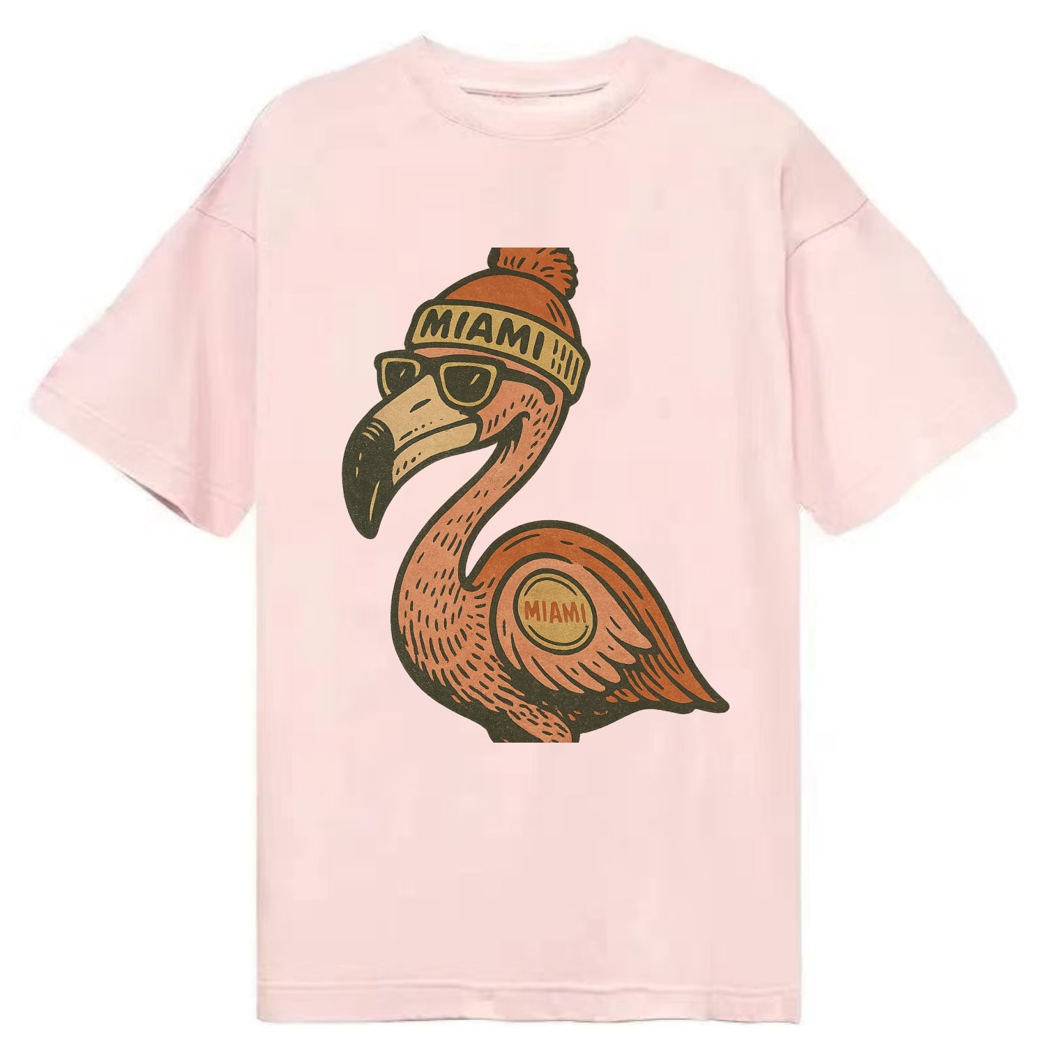 Miami Flamingo wearing Miami beanie with pom pom and wayfarer sunglasses - Classic T-shirt - Pink