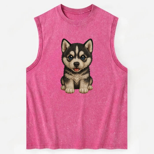 Baby Siberian Husky Puppy - blue or bi-colored eyes, fluffy coat, wolf-like, - Vintage Washed Tank - Pink