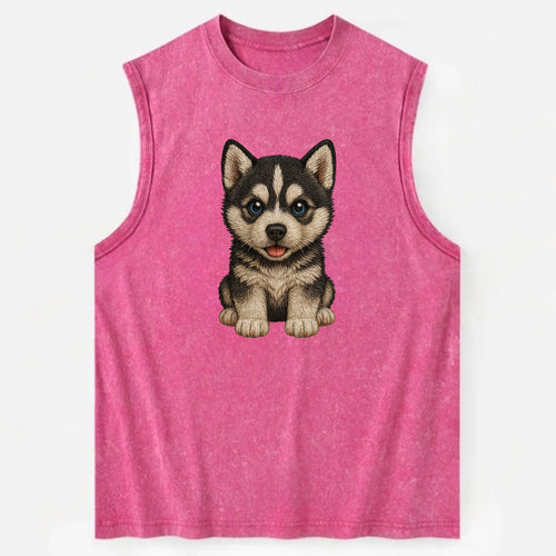 Baby Siberian Husky Puppy - blue or bi-colored eyes, fluffy coat, wolf-like, - Vintage Washed Tank