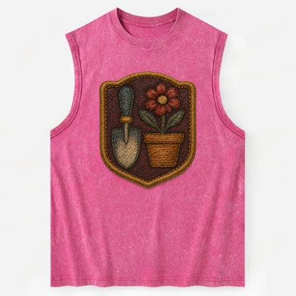 Garden trowel with flower pot - gardener badge - Vintage Washed Tank - Pink