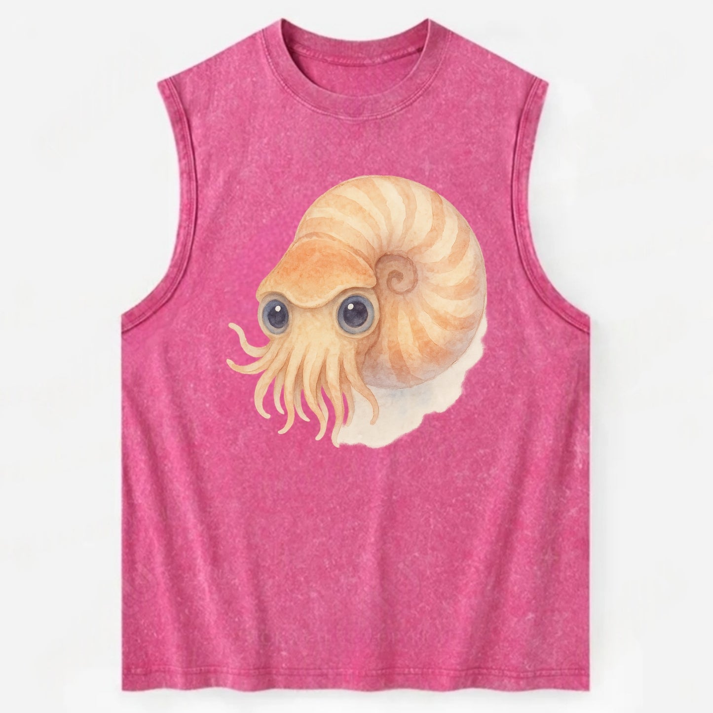 Baby Nautilus - spiral shell, tentacles peeking, ancient eyes, front-facing, - Vintage Washed Tank - Pink