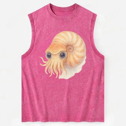 Baby Nautilus - spiral shell, tentacles peeking, ancient eyes, front-facing, - Vintage Washed Tank - Pink