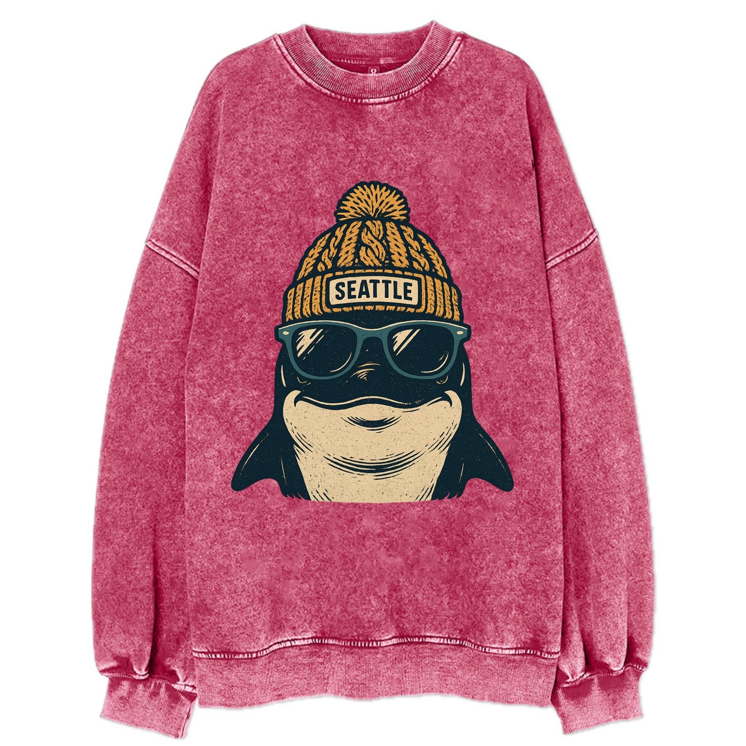 Seattle Orca wearing Seattle beanie with pom pom and wayfarer sunglasses - Vintage Sweatshirt - Pink
