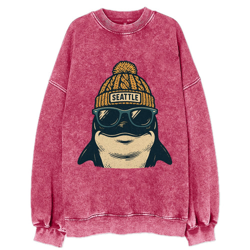 Seattle Orca wearing Seattle beanie with pom pom and wayfarer sunglasses - Vintage Sweatshirt