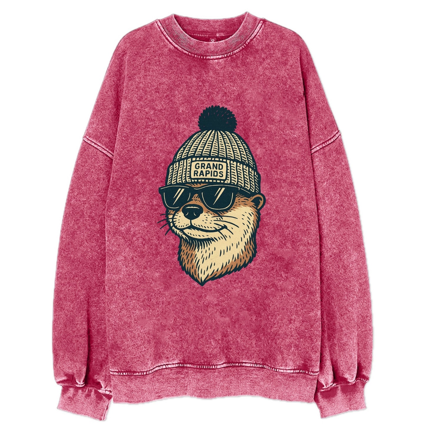 Grand Rapids River Otter wearing Grand Rapids beanie with pom pom and wayfarer - Vintage Sweatshirt - Pink