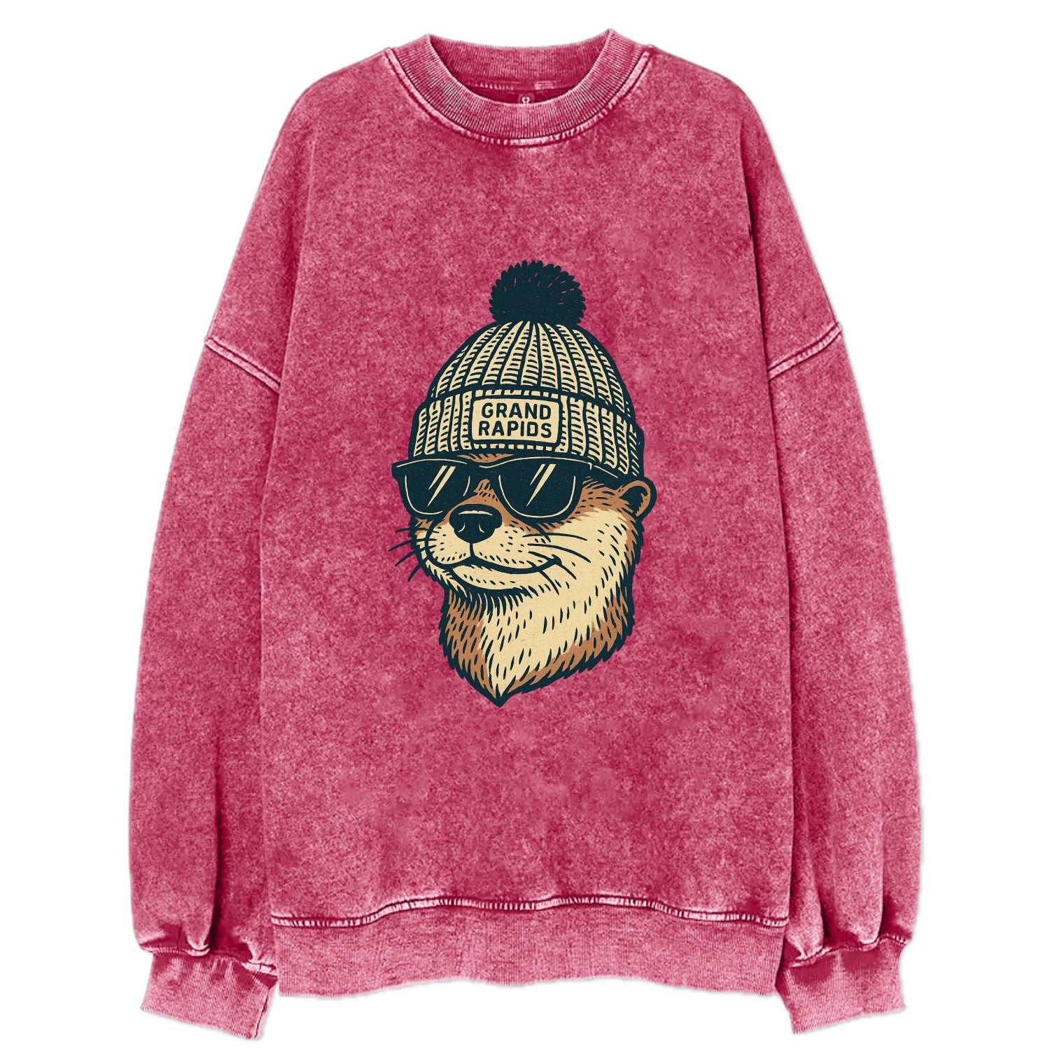 Grand Rapids River Otter wearing Grand Rapids beanie with pom pom and wayfarer - Vintage Sweatshirt - Pink