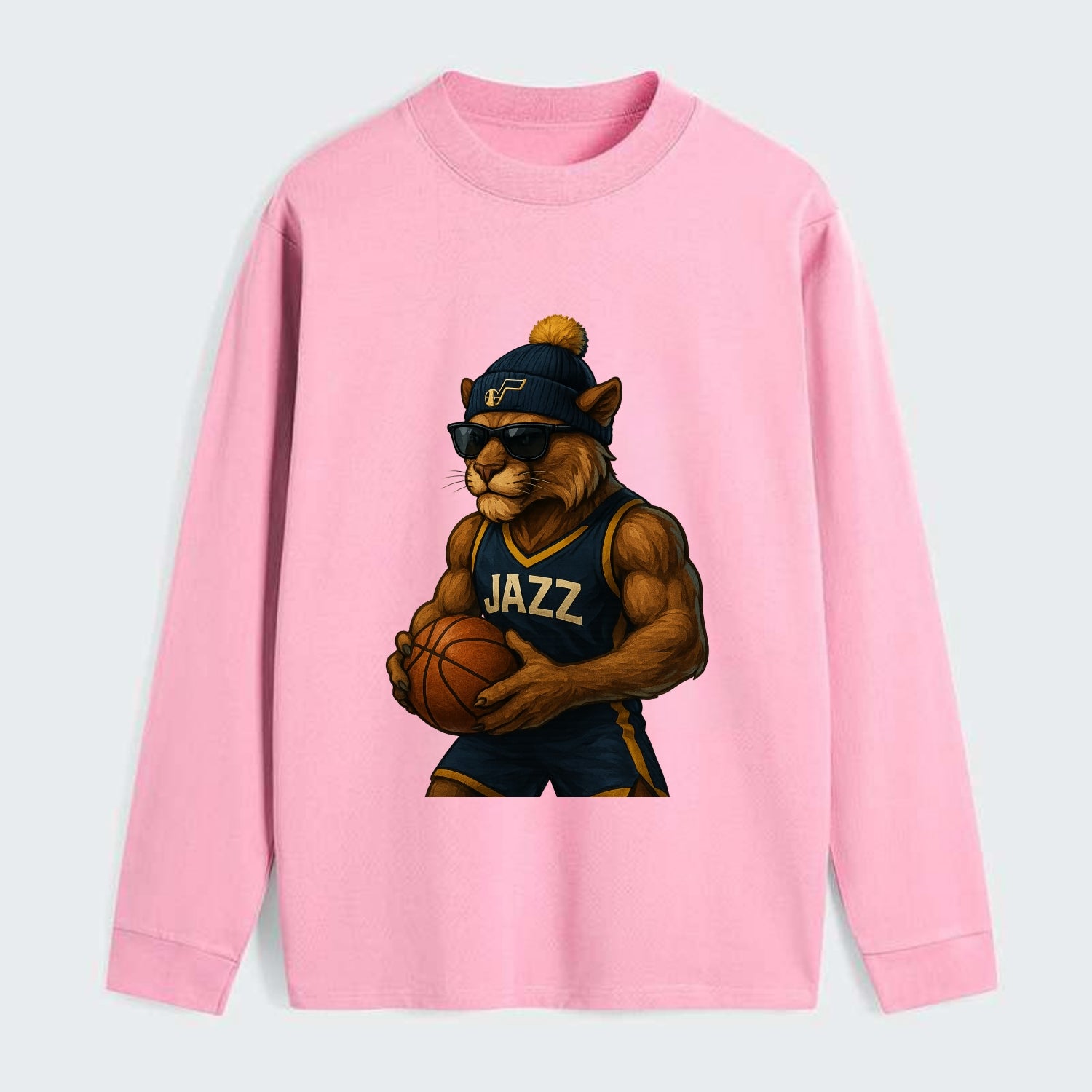 Utah Mountain Lion wearing Jazz navy and yellow beanie with music note - Classic Long Sleeve Shirt - Pink