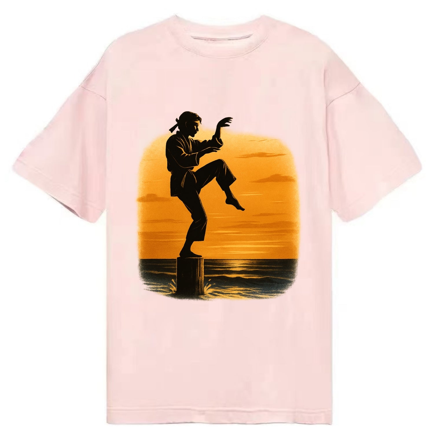 karate crane kick pose on wooden post at beach sunset - Classic T-shirt - Pink