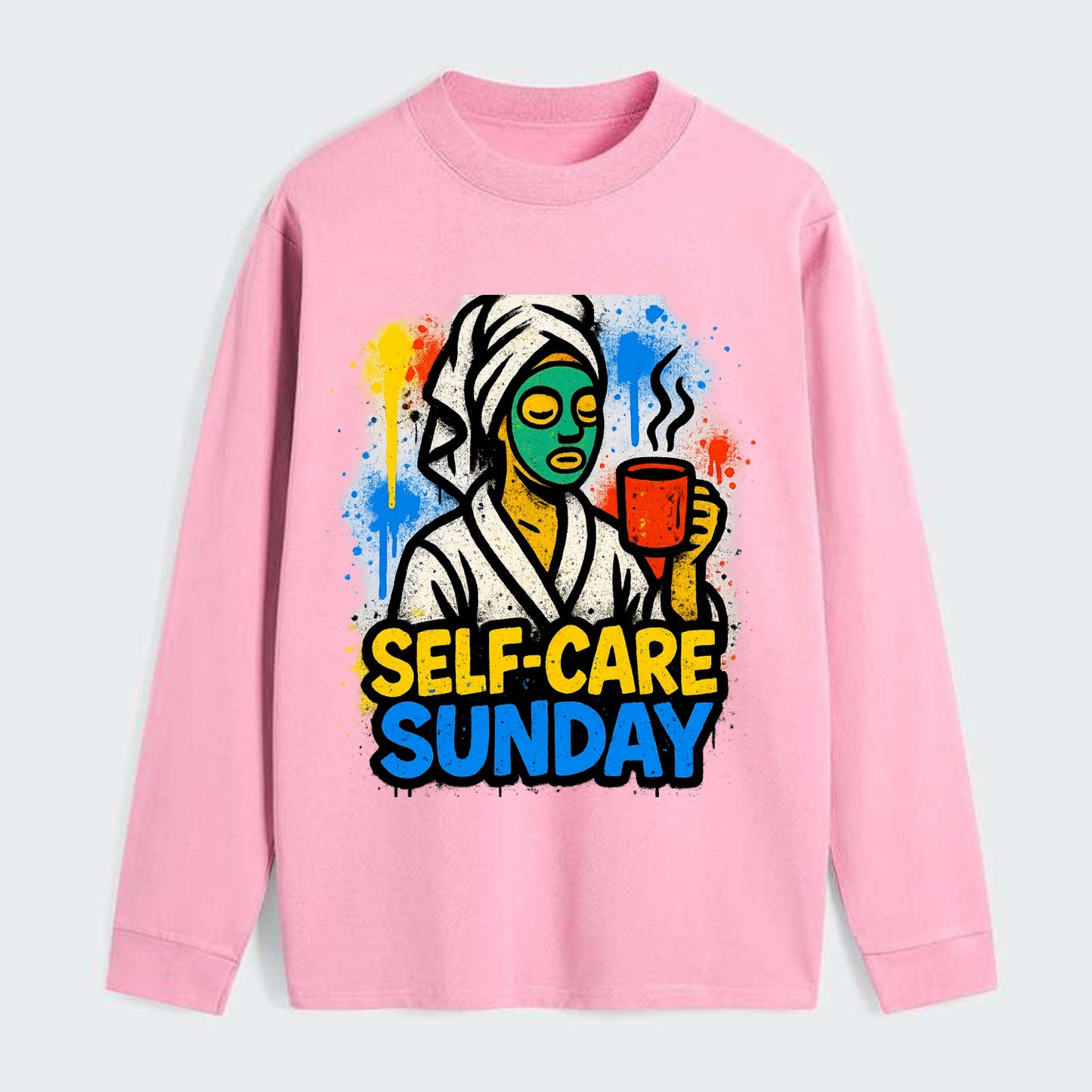 Person in bathrobe with face mask and tea - self-care Sunday ritual, - Classic Long Sleeve Shirt - Pink
