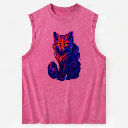 Clever fox with tail dissolving into cosmic nebula swirls, orange to purple - Vintage Washed Tank - Pink