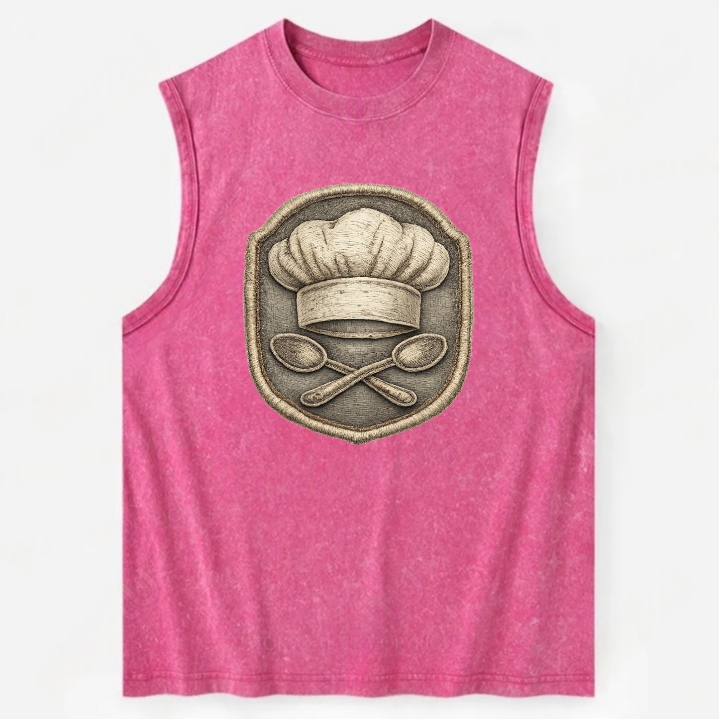 COOKING CHEF HAT - toque blanche with crossed spoons in white and silver , - Vintage Washed Tank - Pink