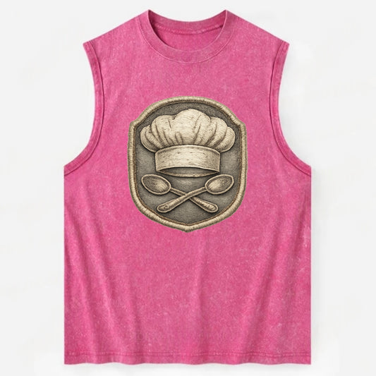 COOKING CHEF HAT - toque blanche with crossed spoons in white and silver , - Vintage Washed Tank - Pink