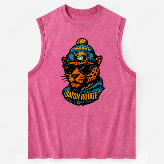 Baton Rouge Jaguar wearing Southern beanie with SU patch - Vintage Washed Tank - Pink
