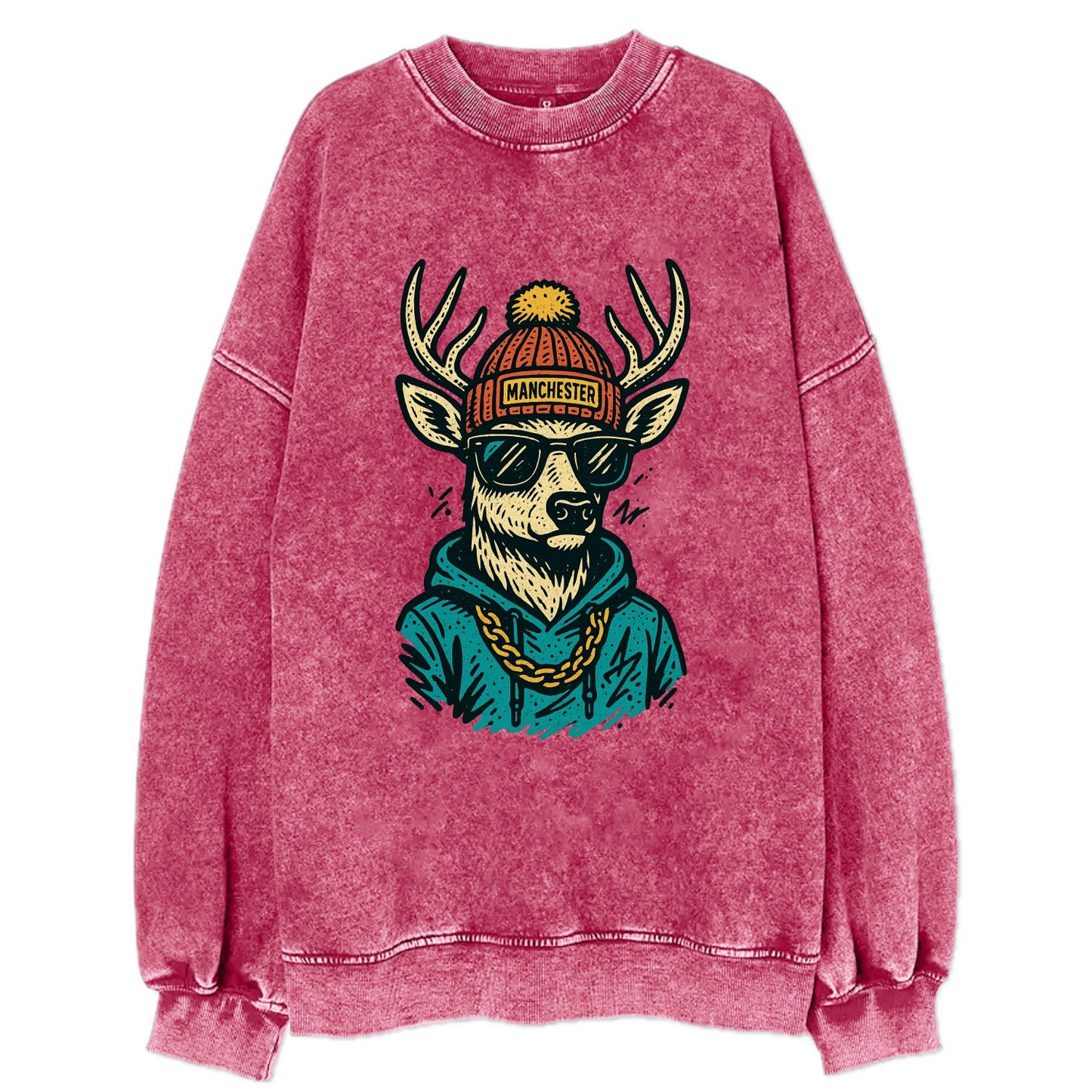 New Hampshire White-tailed Deer wearing Manchester beanie with pom pom and - Vintage Sweatshirt - Pink