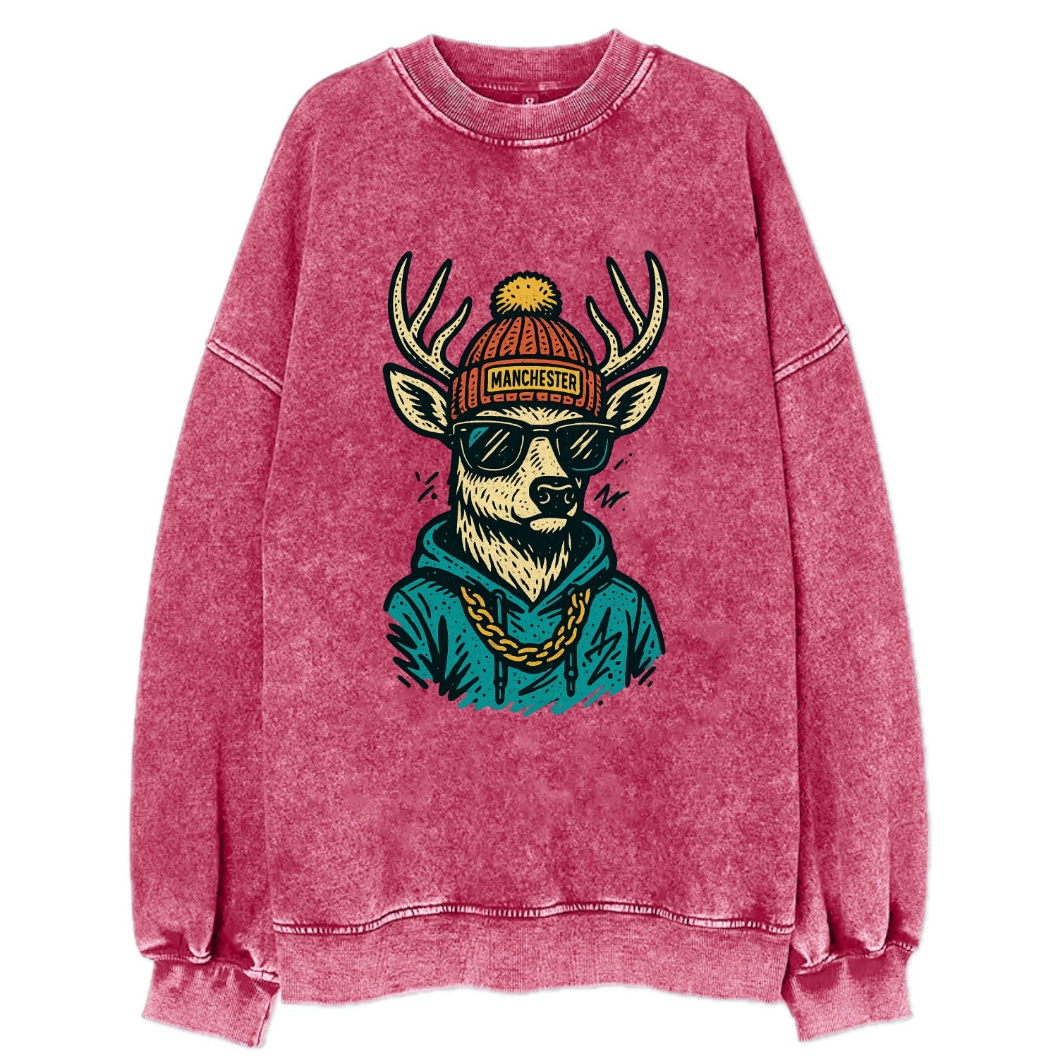 New Hampshire White-tailed Deer wearing Manchester beanie with pom pom and - Vintage Sweatshirt - Pink