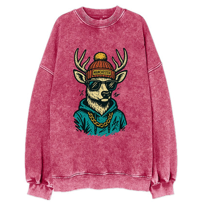 New Hampshire White-tailed Deer wearing Manchester beanie with pom pom and - Vintage Sweatshirt - Pink