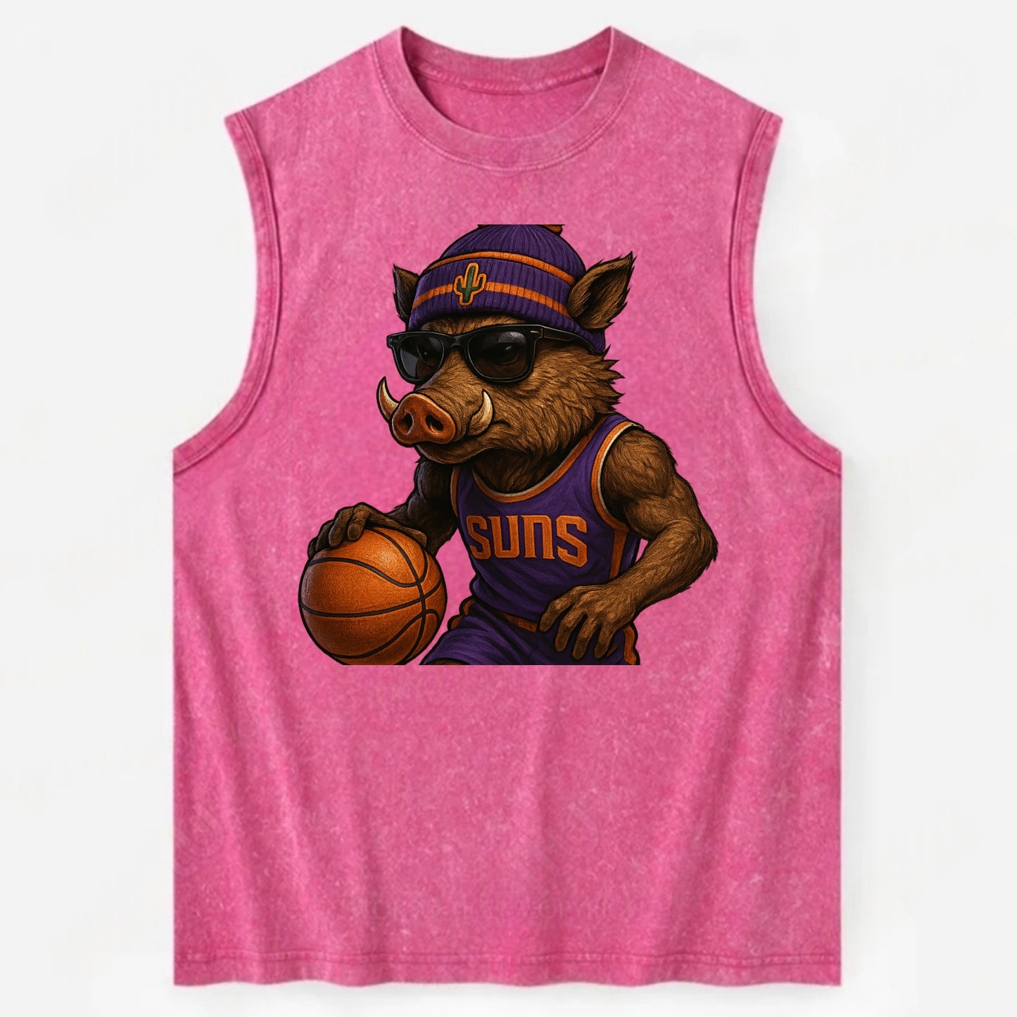 Phoenix Javelina wearing Suns beanie with cactus patch and wayfarer sunglasses - Vintage Washed Tank - Pink