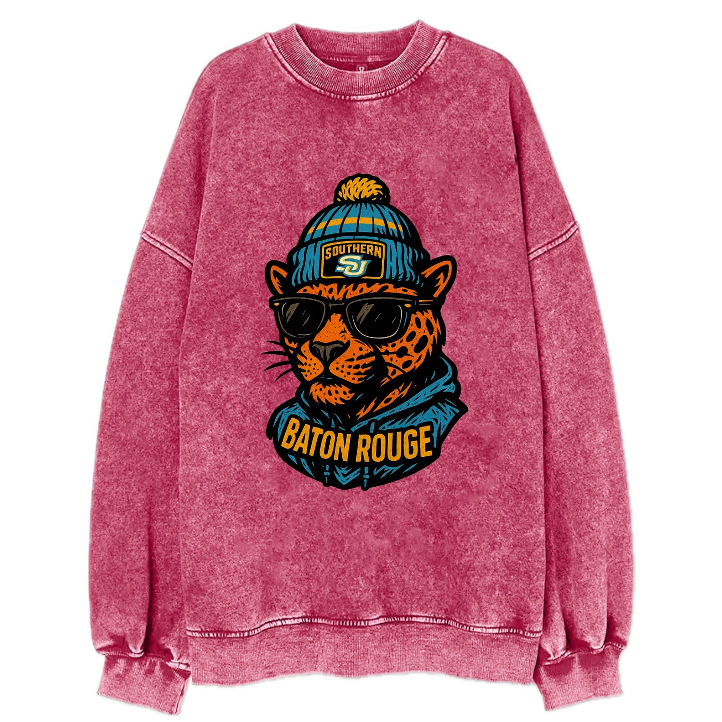 Baton Rouge Jaguar wearing Southern beanie with SU patch - Vintage Sweatshirt - Pink