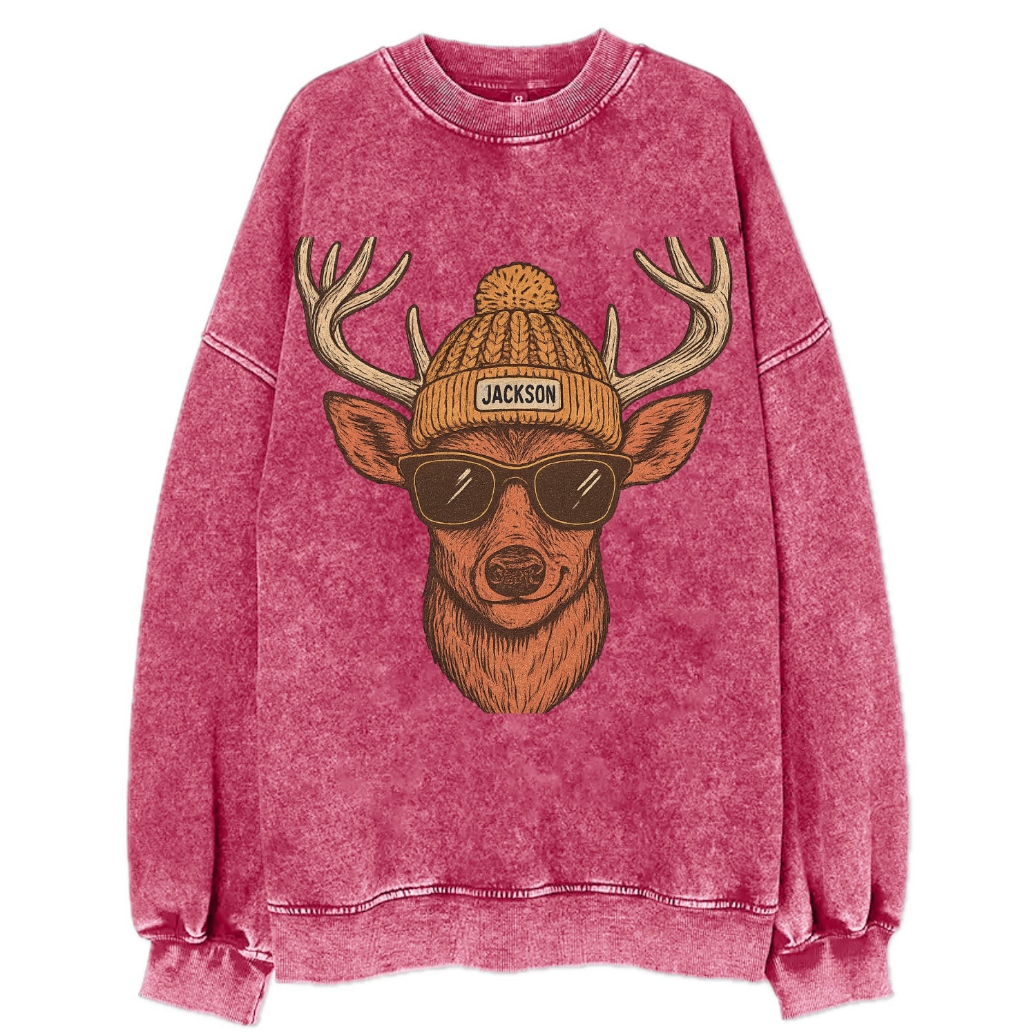 Mississippi White-tailed Deer wearing Jackson beanie with pom pom and wayfarer - Vintage Sweatshirt - Pink