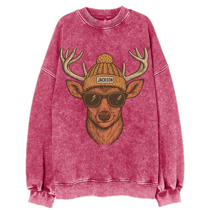 Mississippi White-tailed Deer wearing Jackson beanie with pom pom and wayfarer - Vintage Sweatshirt - Pink